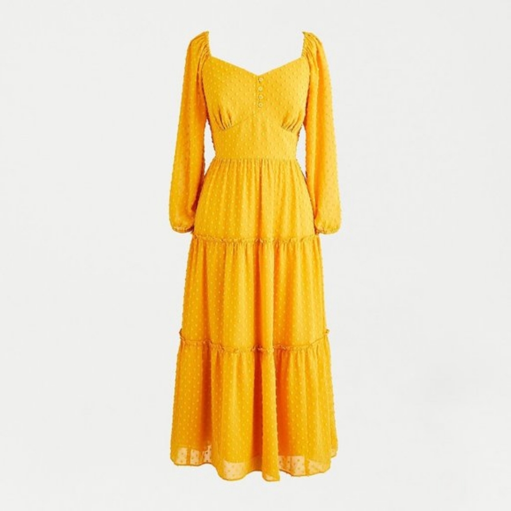 J Crew mustard tiered swiss dot flare midi dress 6